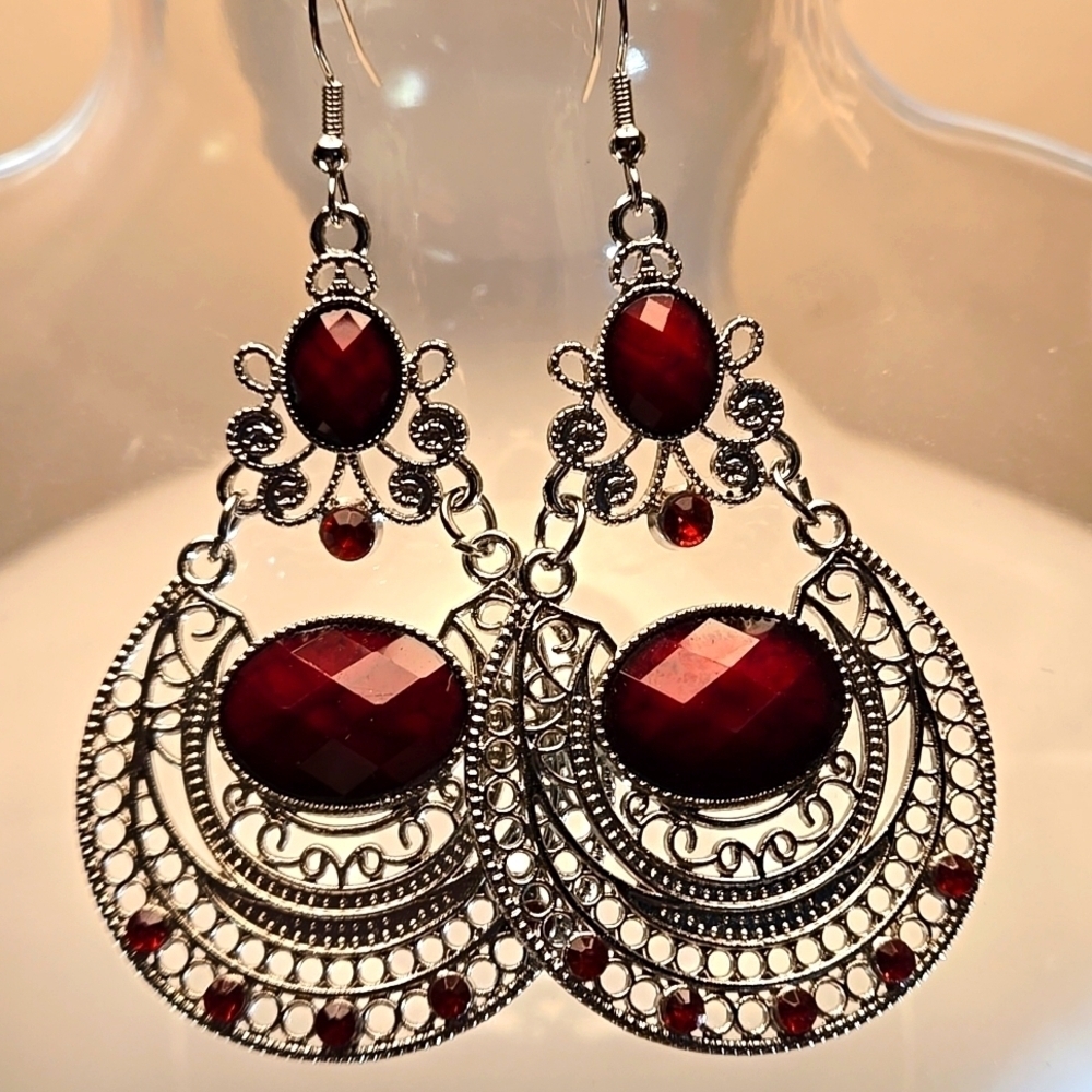 Bohemian Style Hollow Carved Wine Red Women's Earrings 3.15" Length